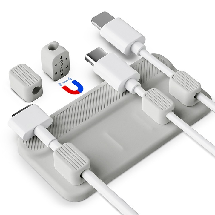 Organizator de cabluri Magentic, BOMSTOM, din silicon, cu 5 locuri, Reutilizabil, Autoadeziv pentru birou, masa, noptiera, Gri