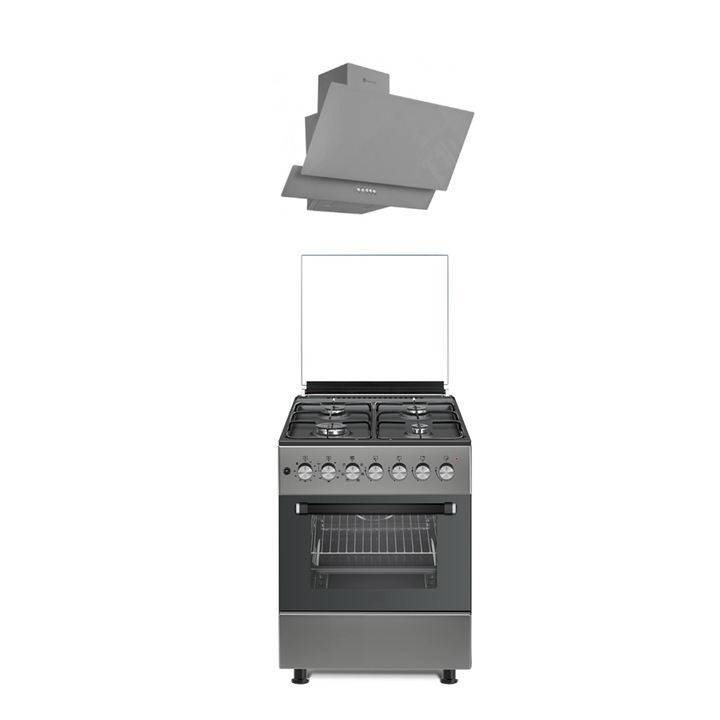 Pachet Studio Casa Aragaz Scala Graphite Grey 60 cm si hota decorativa sticla, 4 arzatoare gaz, Grill electric, Rotisor, Termostat cuptor, Gratare fonta, Aprindere electrica, Clasa energetica A, Gri