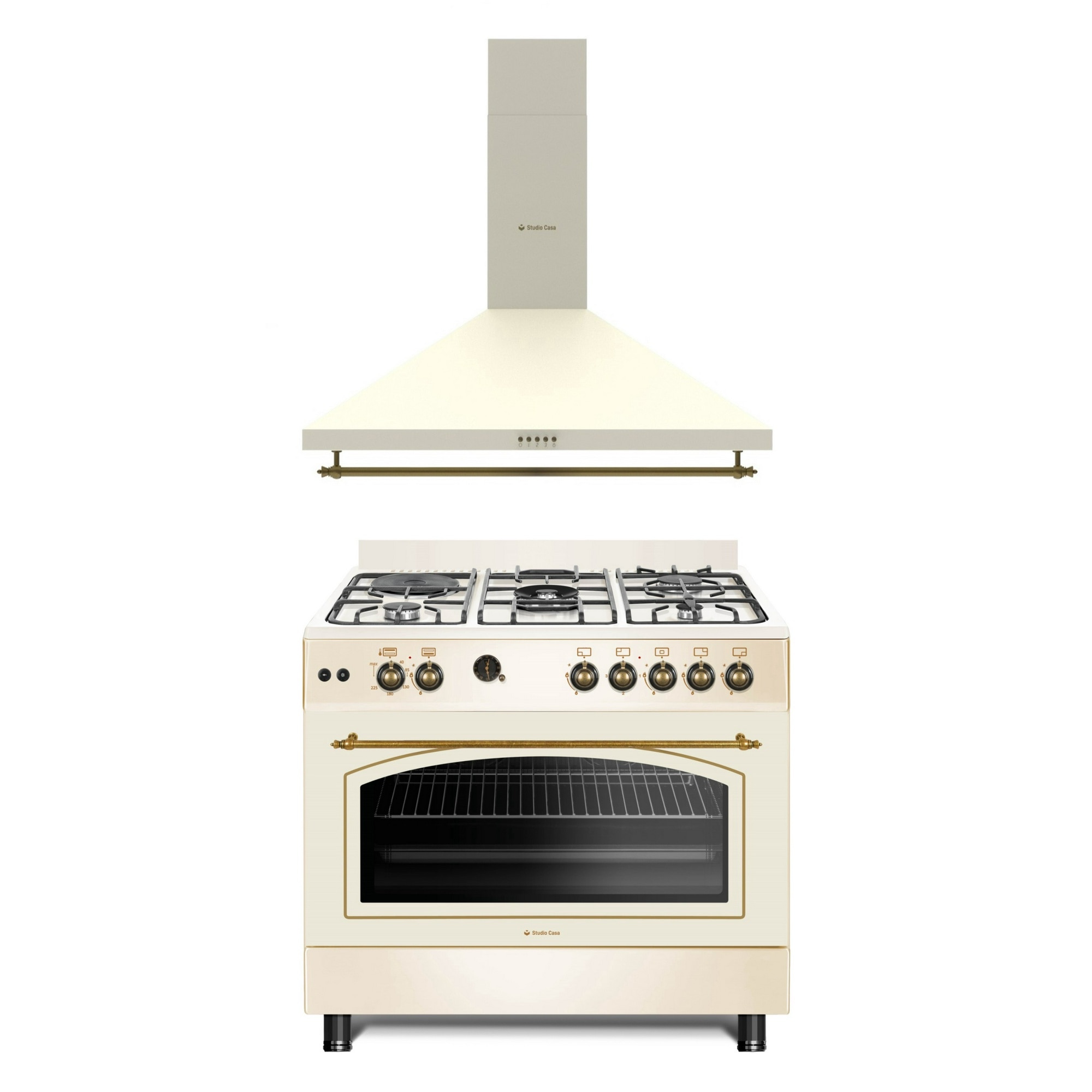 Pachet Tuscany 90 cm Studio Casa, Aragaz 90/60 cm si Hota Rustica 90 cm, Cuptor gaz, 4 arzatoare gaz + 1 ochi electric, Rotisor, Grill, Gratare fonta, Avena