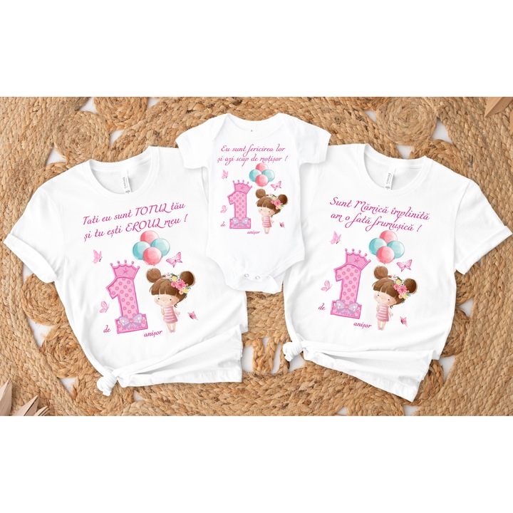 Set 2 tricouri si 1 body personalizate Aniversare 1 an, Taiere Mot, Turta, Fetita cu baloane, My Way, CRLA5, Roz, 100% bumbac, S