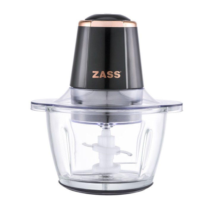 Чопър Zass ZCH 21 Rose Gold, 300 W, капацитет 750 ml, Нож с 4 остриета от неръждаема стомана, Стъклена купа, Черен