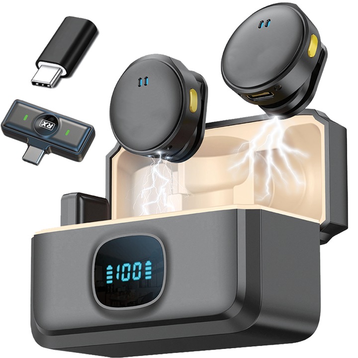 2 db professzionális Lavalier mikrofonból álló készlet, TrustVision, vezeték nélküli, zajszűrő, 30 órás üzemidő, Plug and Play, kompatibilis Android/Ios/videokamera, minden irányú hang, digitális kijelző, univerzális, Printery, fekete