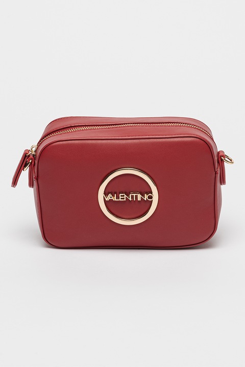 Valentino Bags, Keresztpántos műbőr táska fémlogós rátéttel, Sötétpiros