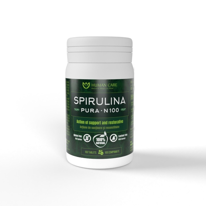 Spirulina Pura N100, Human Care, imbunatateste sanatatea intestinului si a sistemului digestiv, 100 comprimate