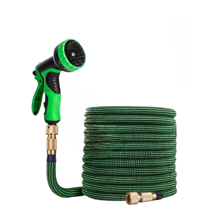 Hosszabbítható kerti tömlő, HOMEPROTEK, 15 m, háromrétegű latex sárgaréz végekkel, fekete és zöld