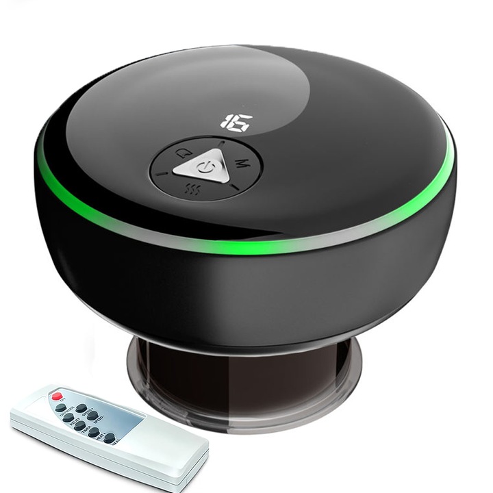 Aparat de Masaj Profesional tip Ventuza, Telecomanda, 16 Niveluri de Incalzire si de Presiune, Relaxeaza Musculatura, Imbunatateste Circulatia, Efect Anti-Celulita, Terapie cu Lumina Rosie, LCD Display, Baterie 2000 mAh, Reincarcabil, Negru