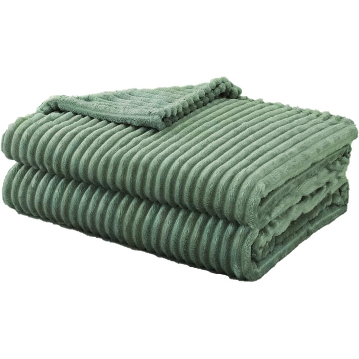 Patura din flanel, 218 x 168 cm, model dungi, moale si calduroasa, pentru pat sau canapea, Verde deschis