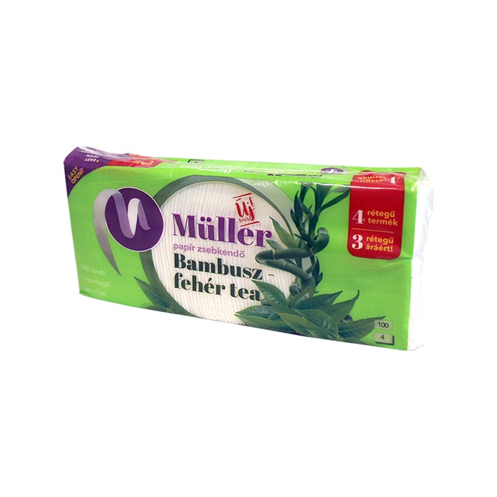 Papírzsebkendő, 4 rétegű 100 db/csomag Bambusz - fehér tea illatú Müller