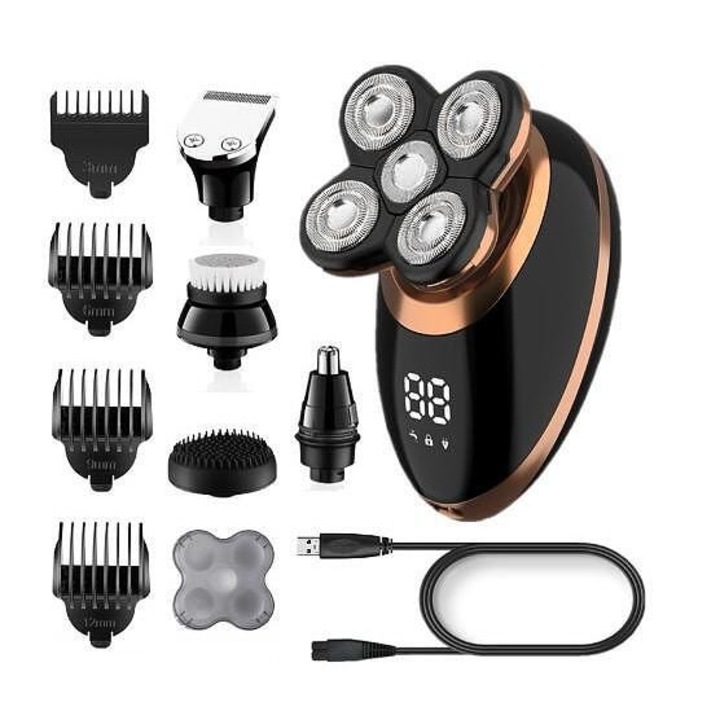 Aparat de ras electric VGR V-316, 5 lame rotative, sistem anti-pinch, alimentare acumulator, incarcare USB, autonomie acumulator 50 minute, Negru/Auriu