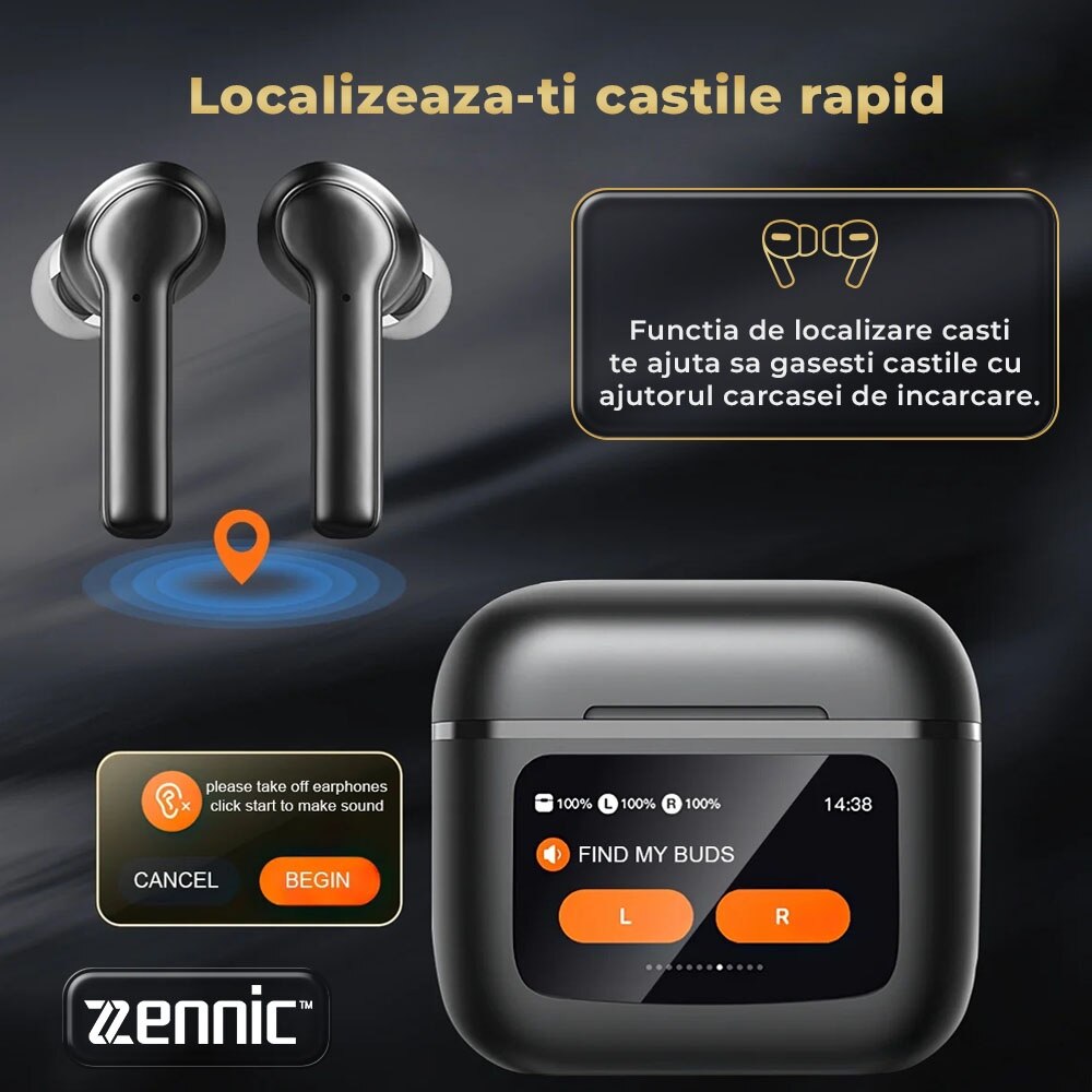 Color Control Localizare Casti Wireless fara fir Zennic® Beat Evolution, Ecran LCD color ...