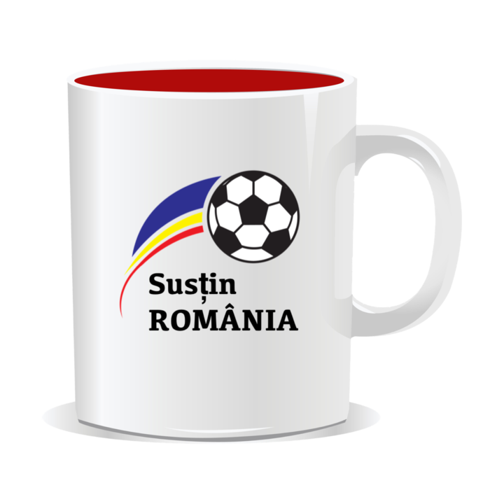 Cana personalizata cu mesaje pentru suporterii Romaniei, Sustin Romania, 330ml, interior rosu