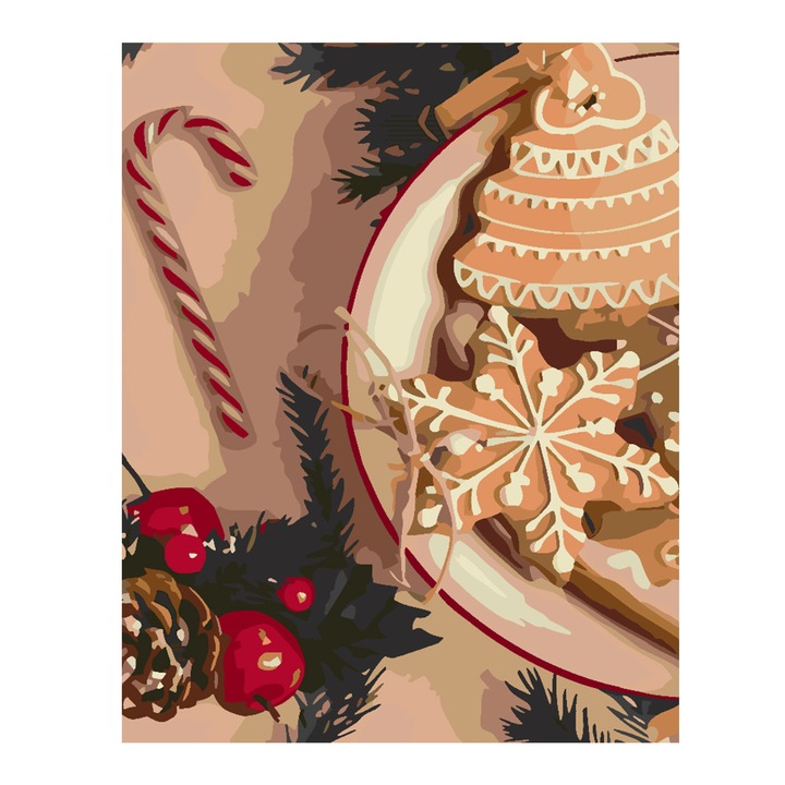 Set pictura pe numere Biscuiti de Craciun 4585, panza bumbac pe rama lemn, 40x50 cm, tablou cu schita, 3 pensule si vopsea acrilica