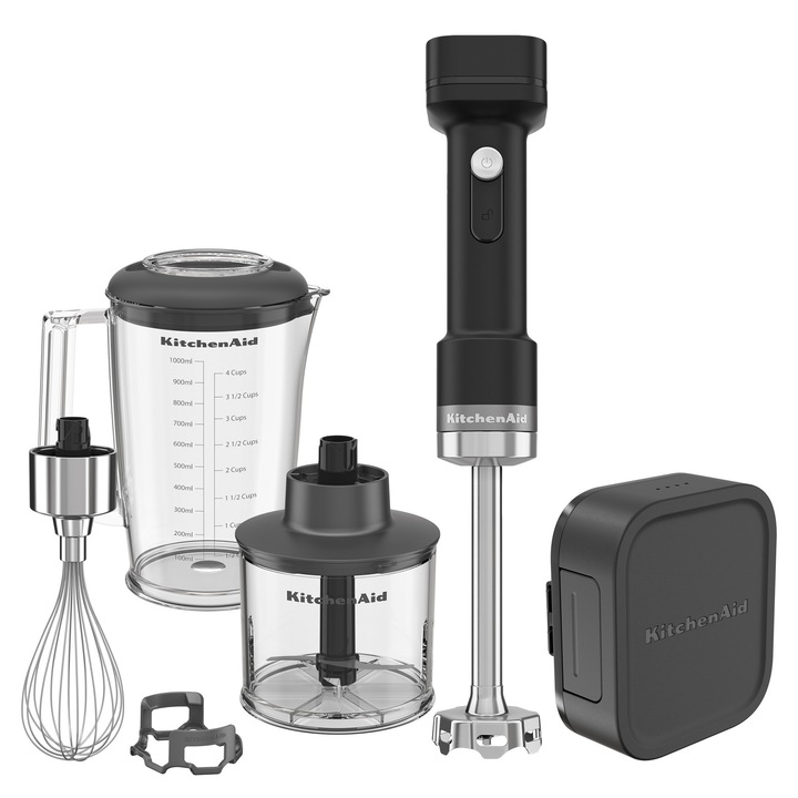 Mixer vertical cu accesorii KitchenAid Go Cordless 5KHBRV75BM, cu baterie, Negru mat