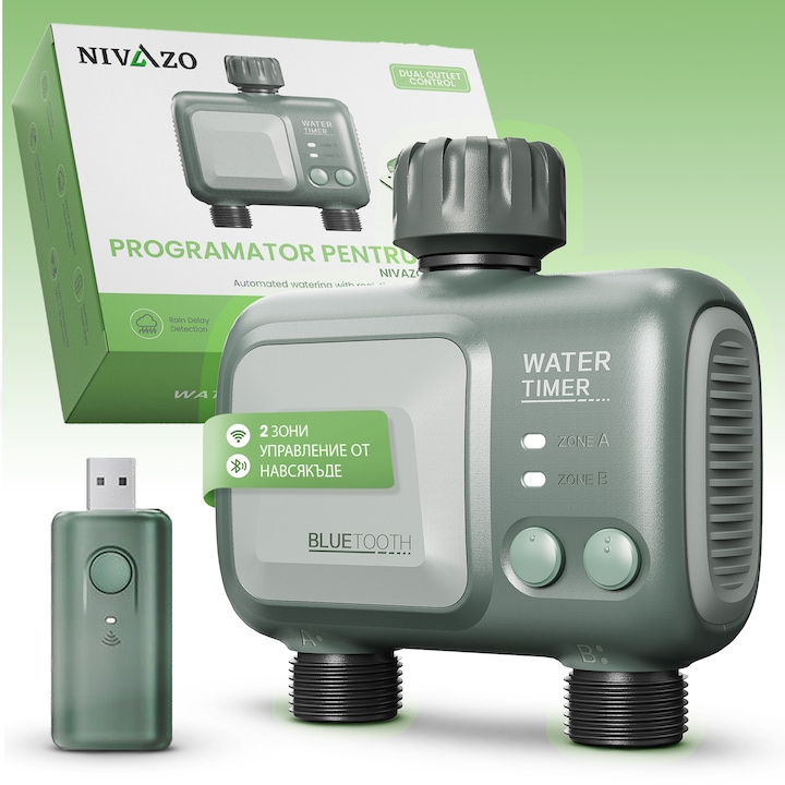 Програматор за напояване/поливане Nivazo® WaterMaster HCT-626, Wifi адаптер, работи с Wifi и Bluetooth, 2 режима, регулиране на силата на звука, продължителност, от 0,5 бара до 8 бара, съвместим с приложението Tuya