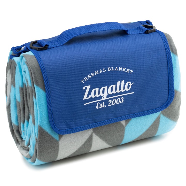 Одеяло за пикник, плаж, Zagatto®, Сиво/Синьо, 200 x 200 см, 6-8 човека, Водоустойчиво, Удобно, Топлоизолиращо, Лесно за почистване, Сваляща се презрамка за транспорт, ZG901
