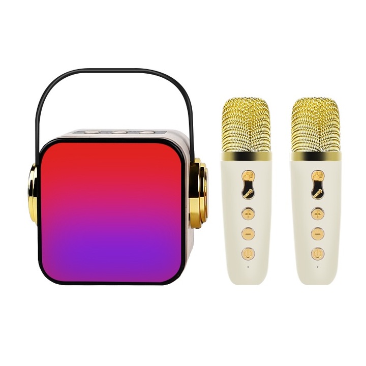 Set microfoane karaoke, JESWO®, portabil, Wireless, Difuzor portabil cu 2 microfoane, Eliminati sunetul original, Lumina RGB, Suport Aux/TF card/Bluetooth 5.3, pentru copii adulti, Alb