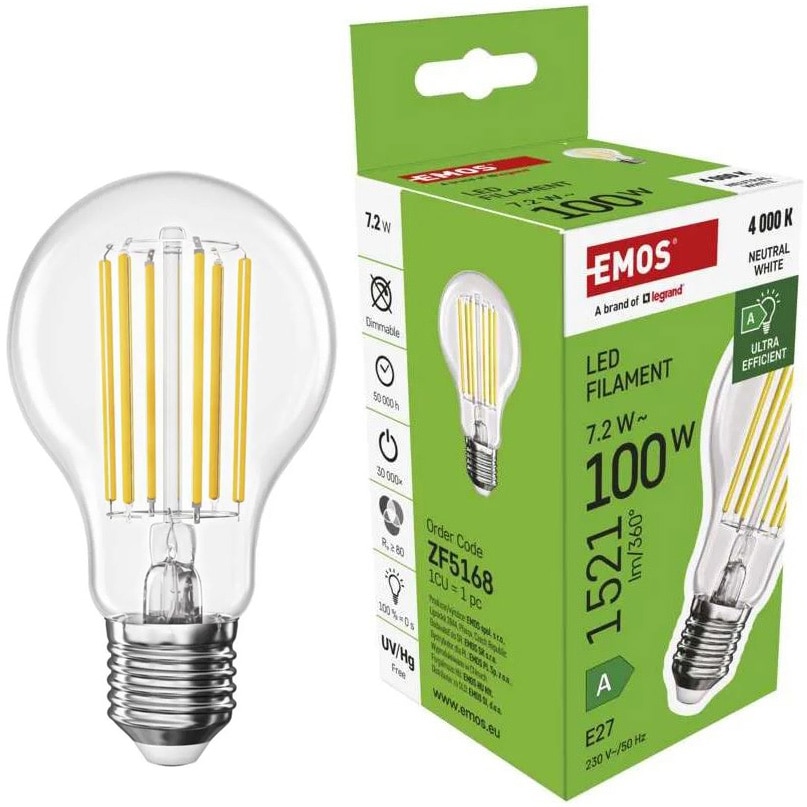 Bec LED cu filament Emos, A60, E27, 7.2W (100W), 1521 lm, lumina alba neutra (4000K), Clasa energetica A