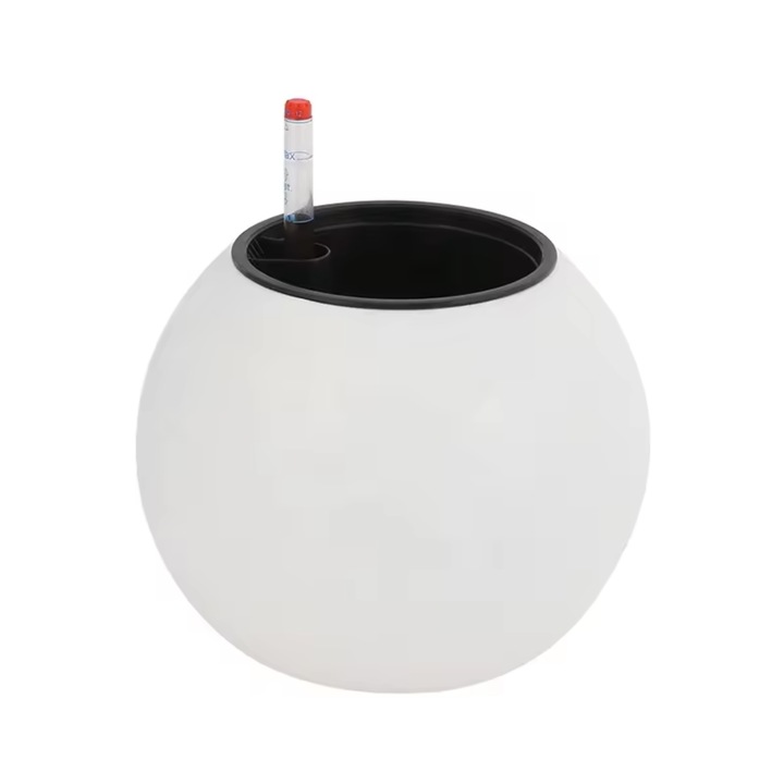 Gömb alakú kaspó öntöző rendszerrel, beltéri és kültéri használatra, 30 cm magas, 42 cm átmérőjű, fehér