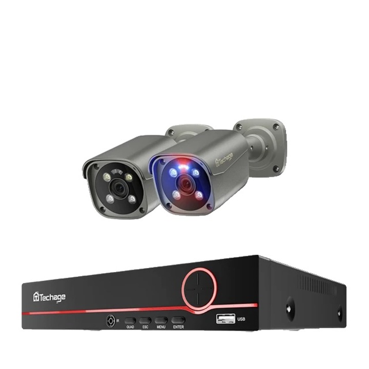 Система за видеонаблюдение Techage, 4K 8MP, AI цветно нощно виждане, IP66 водоустойчив, 8 канала NVR, 2 камери