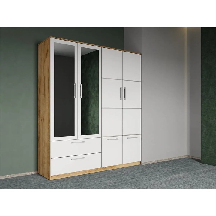 Dulap dormitor, Alb cu Stejar Auriu, 4U, Oglinda, Acapulco, Pal Melaminat