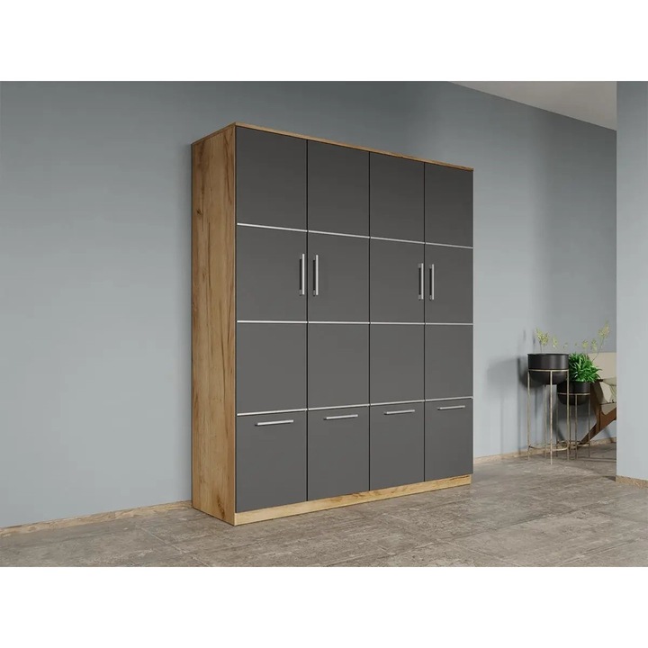 Dulap dormitor, Stejar Auriu cu Gri, 4U, Acapulco, Pal Melaminat