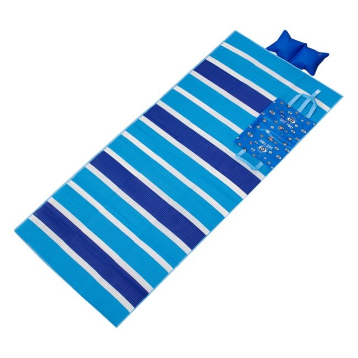 Rogojina pentru plaja tip geanta din plastic See You, cu perna gonflabila, albastru/alb, 180x86 cm