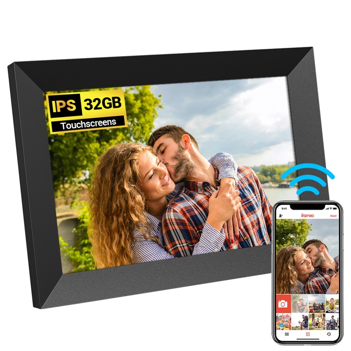WIFI цифрова фото рамка, JESWO, 10.1 инча, 32GB, сензорен екран 1280X800 HD IPS, приложение Frameo, MicroSD, снимки/видео, високоговорител, черен