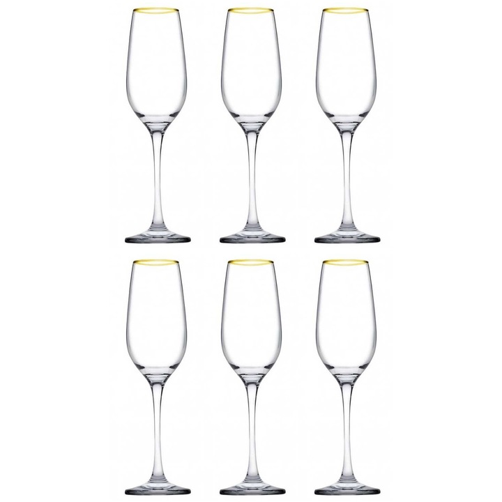 Комплект 6 чаши за шампанско Pasabahce Amber Golden Touch, Стъкло, 200 мл