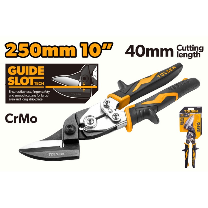 Foarfeca tabla TOLSEN tip pelican 250mm, Cr-Mo tratat, taiere dreapta 1.2mm, heavy duty, maner ergonomic TPR, ideala pentru plasa si tabla inox