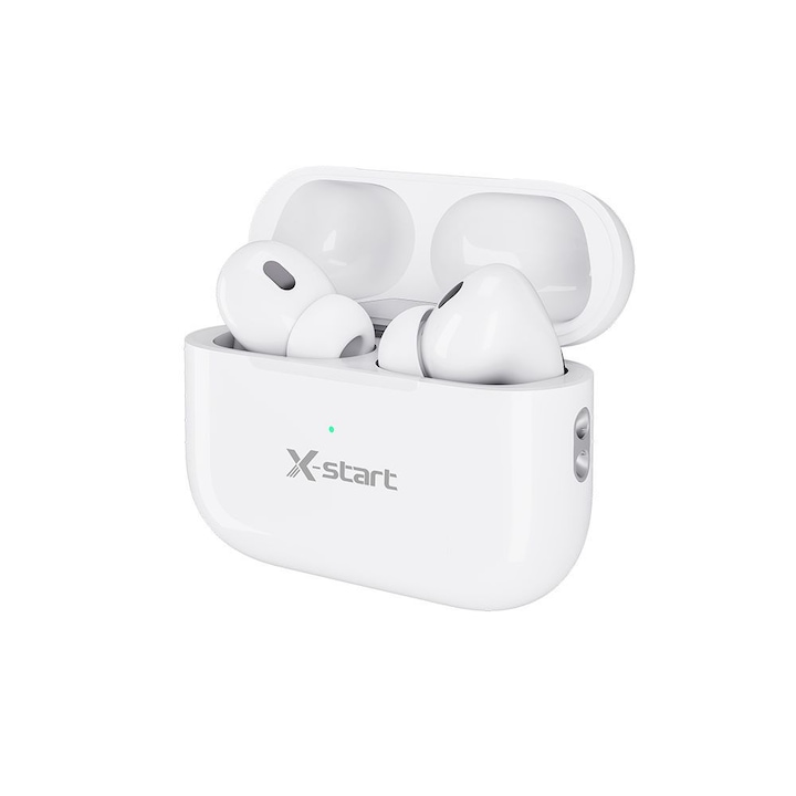 Casti Wireless X-Start, Bluetooth 5.2, Autonomie stand-by 200h, Alb cu Sunet Premium si Confort Hands-Free