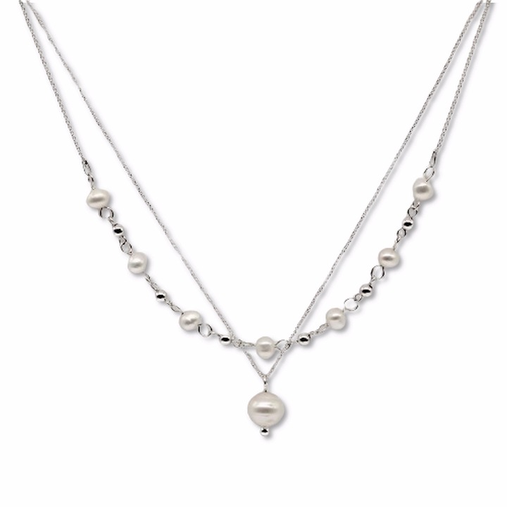 Colier din argint 925 si perle naturale, lungime 44 cm randul 1 si 45 cm randul 2