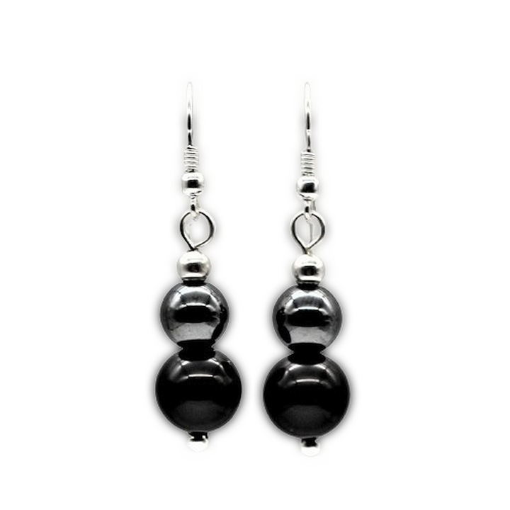 Cercei cu pietre semipretioase onix si hematit, argint 925, tortita deschisa, lungime 4 cm