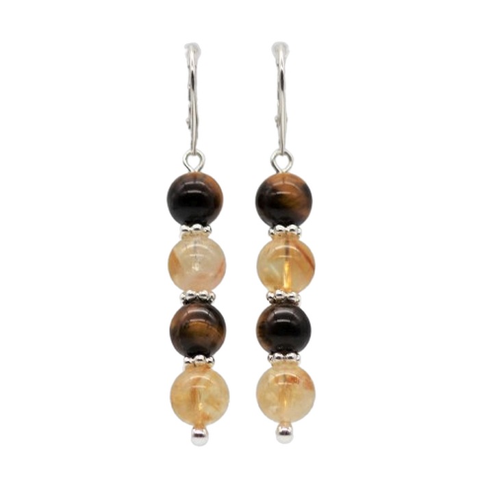 Cercei cu pietre semipretioase ochi de tigru si citrin, argint 925, tortita inchisa, lungime 6 cm