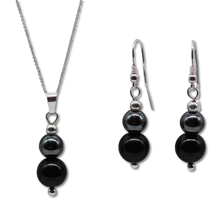 Set cercei, pandantiv si lant 44 cm, argint 925, pietre semipretioase onix si hematit