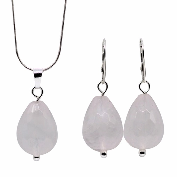 Set cercei, pandantiv si lant 44,5 cm, argint 925, pietre semipretioase cuart roz