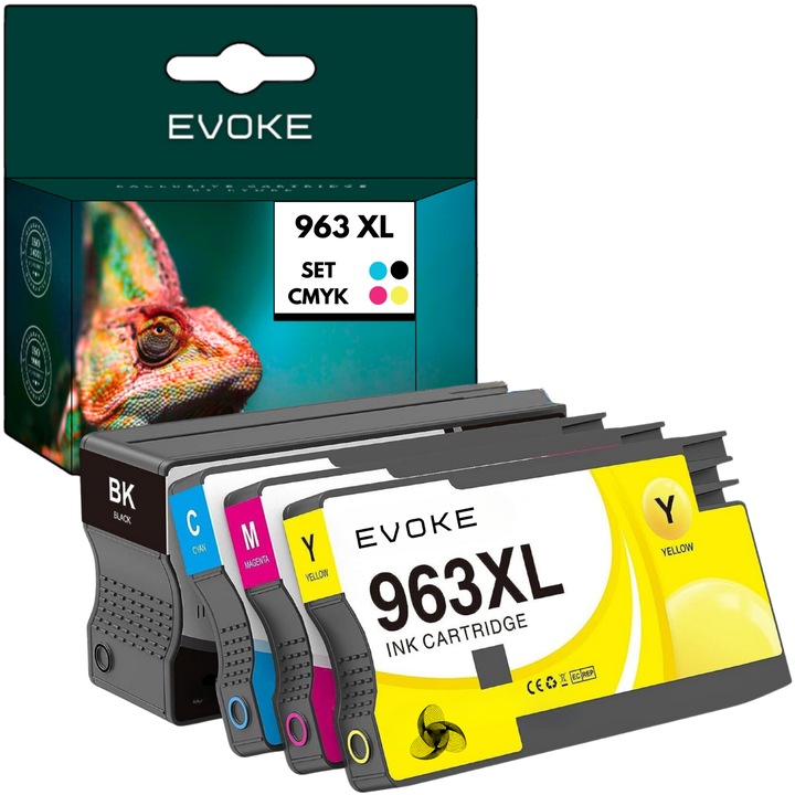 Set 4 cartuse imprimanta pentru HP 963 XL CMYK, 50 ml negru, 25 ml albastru rosu galben, compatibil cu OfficeJet Pro 9010, 9012, 9013, 9014, 9015, 9016, 9018, 9019, 9020, 9022, 9023, 9025, 9026, 9028, 9029