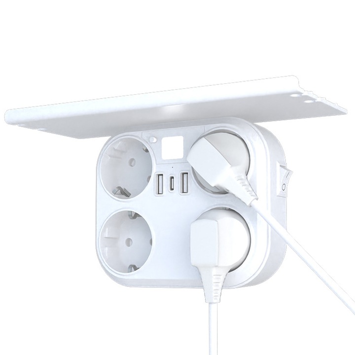 Четворен контакт, 16A, 2 x USB, 1xType-C, с вграден държач за телефон, LED светлина, 20x8x11CM, бял
