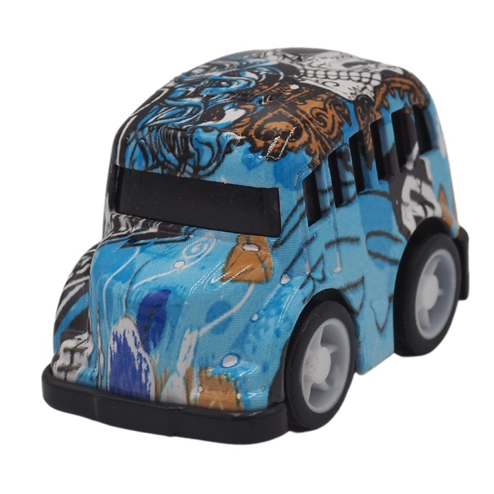 Autobuz stilizat, Diecast, albastru si alb, plastic si metal, 5 x 4 x 3 cm, functie push-n-go