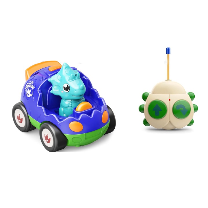 Jucarie masina dinozaur cu telecomanda Giftry®, RC car cu muzica si lumini LED, pentru baieti si fete 3-5 ani, Albastru