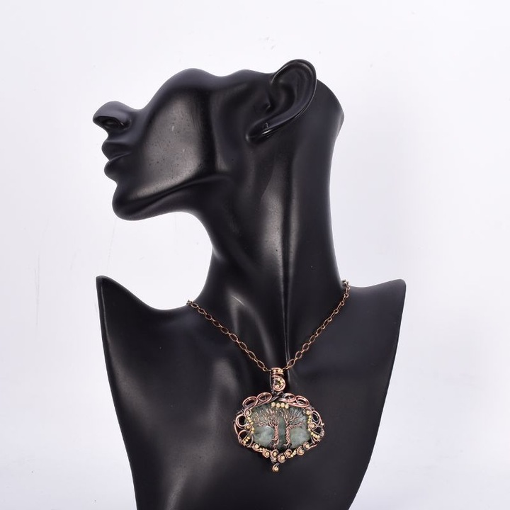 Colier cupru cu prehnit Copacul Vietii, pandantiv si lant 50 cm