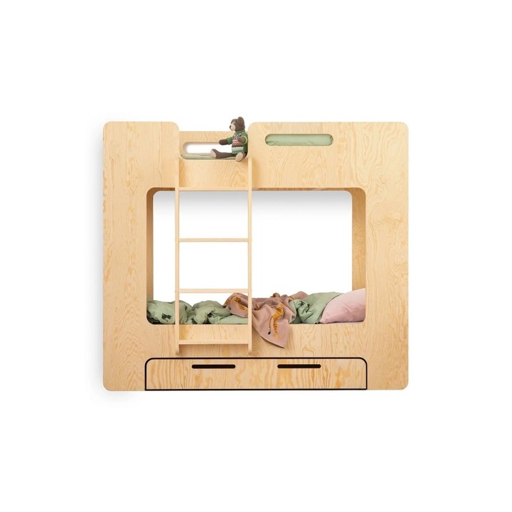 Детско легло, kidoocrafts, 293LOZ, куб, двуетажно легло, с чекмедже, 70x140 см, дясна стълба, борово дърво, естествено
