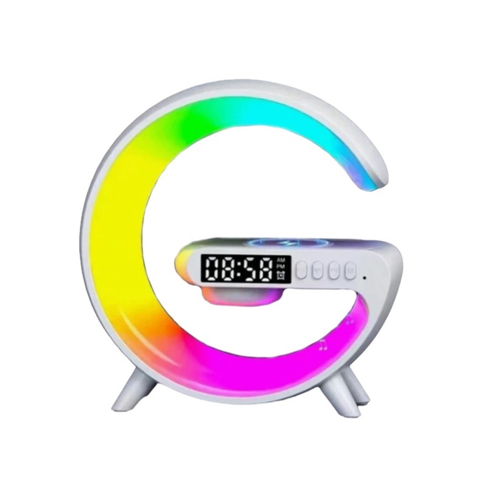 Ceas digital multifunctional cu alarma, Boxa Bluetooth, Difuzor 5W, Radio, Lampa Led, Lumini ambientale cu sincronizare muzicala, Incarcator wireless telefon 15W, App control, Alb