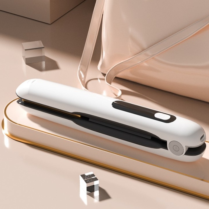 Vezeték nélküli hajvasaló, Southern Sky, C típusú adapter, 4 hőmérsékletfokozat, 5V feszültség, 5000 mAh akkumulátor kapacitás, Egyenesítés, Hullámosítás, 23.5x3.3x4.5 cm, Fehér