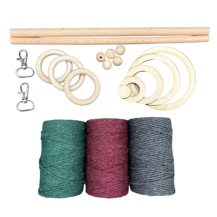 Set pentru macrame, KoloroweMotki, X178, Bumbac, 180m, 3 sfori de 60m, 2mm, bat de lemn de 10 si 12 mm, 3 inele, 5 margele, 2 carabiniere, cercuri, Multicolor