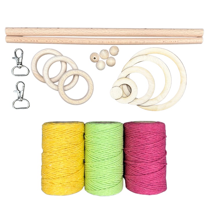 Set pentru macrame, KoloroweMotki, X169, Bumbac, 180m, 3 sfori de 60m, 2mm, bat de lemn de 10 si 12 mm, 3 inele, 5 margele, 2 carabiniere, cercuri, Multicolor