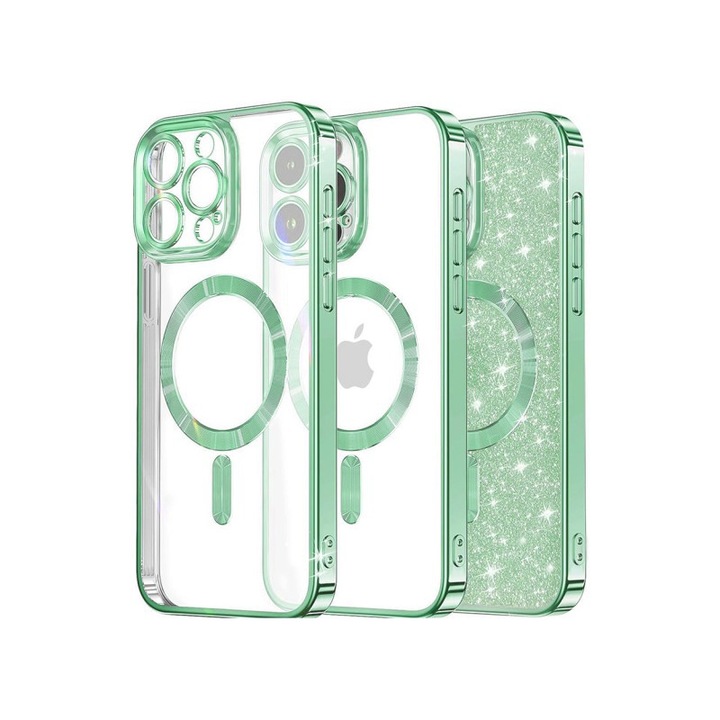 Upzz Luxury Crystal Glitter MagSafe kameravédő tok, kompatibilis az iPhone 14 Pro telefonnal - világoszöld