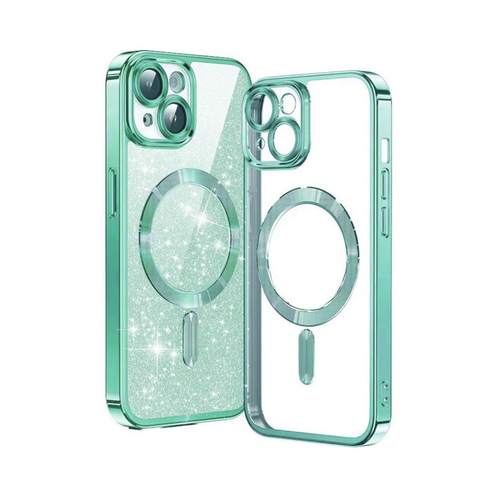 Husa Upzz Luxury Crystal Glitter MagSafe Protectie La Camere, Compatibila Cu iPhone 15 - Light Green