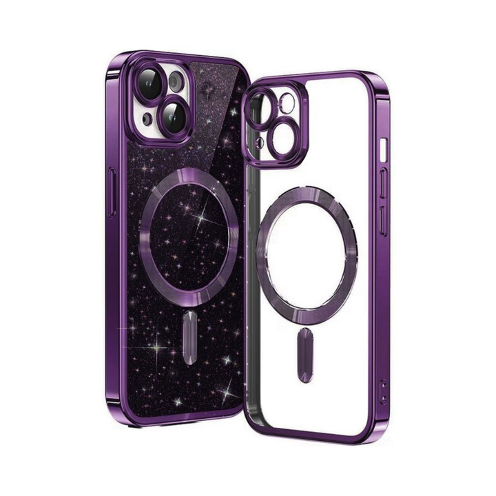 Husa Upzz Luxury Crystal Glitter MagSafe Protectie La Camere, Compatibila Cu iPhone 15 - Deep Purple
