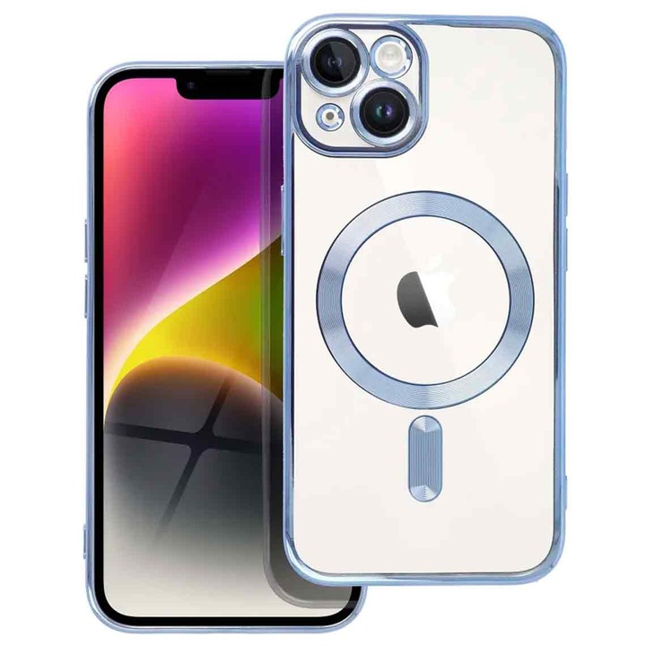Husa iShield pentru iPhone 13, din silicon gel, cu inel Magnetic functie MagSafe, protectie lentile foto, ElectroPlated, Transparenta cu margine Blue
