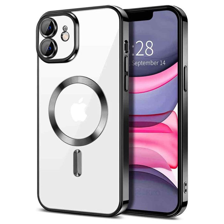 Husa Magnetica pentru iPhone 11, din silicon cu Inel MagSafe integrat, protectie camera si lentile, Transparenta cu margine platinata, Neagra Negru